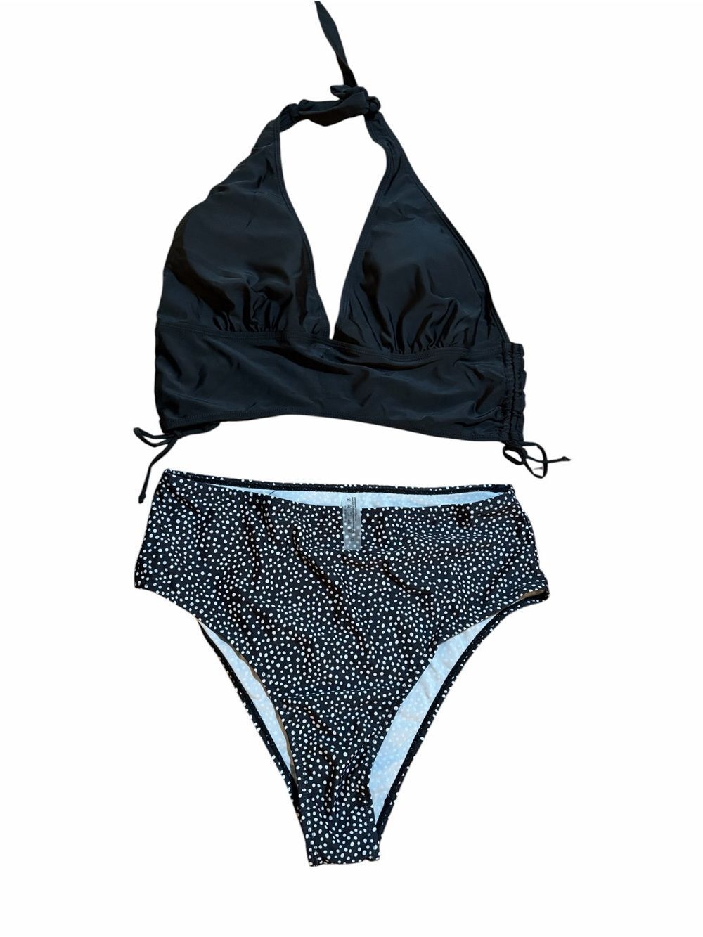 Black Halter Bikini Set High Waisted Polka Dot Bottoms XL Retro Pin Up Swimwear